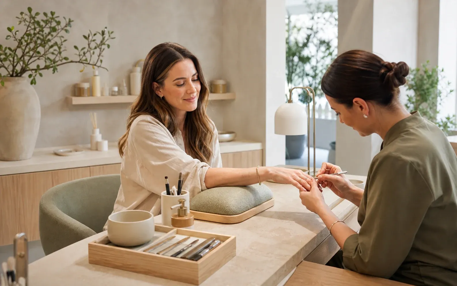Heller Behandlungsplatz in einem modernen Nail Studio mit warmen Naturmaterialien
