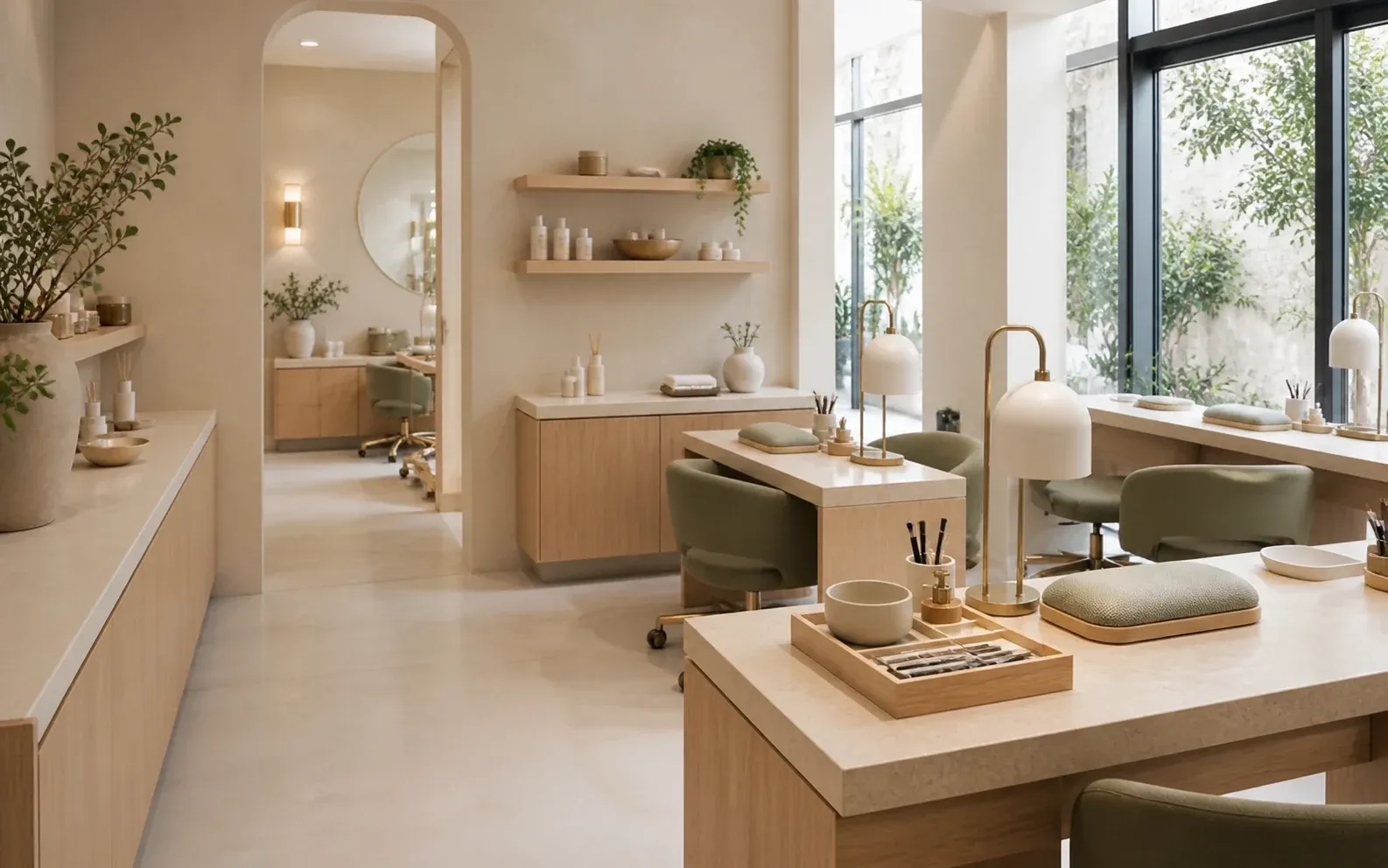 Helles Modern Studio mit Naturholz, Kalkstein und salbeifarbenen Akzenten